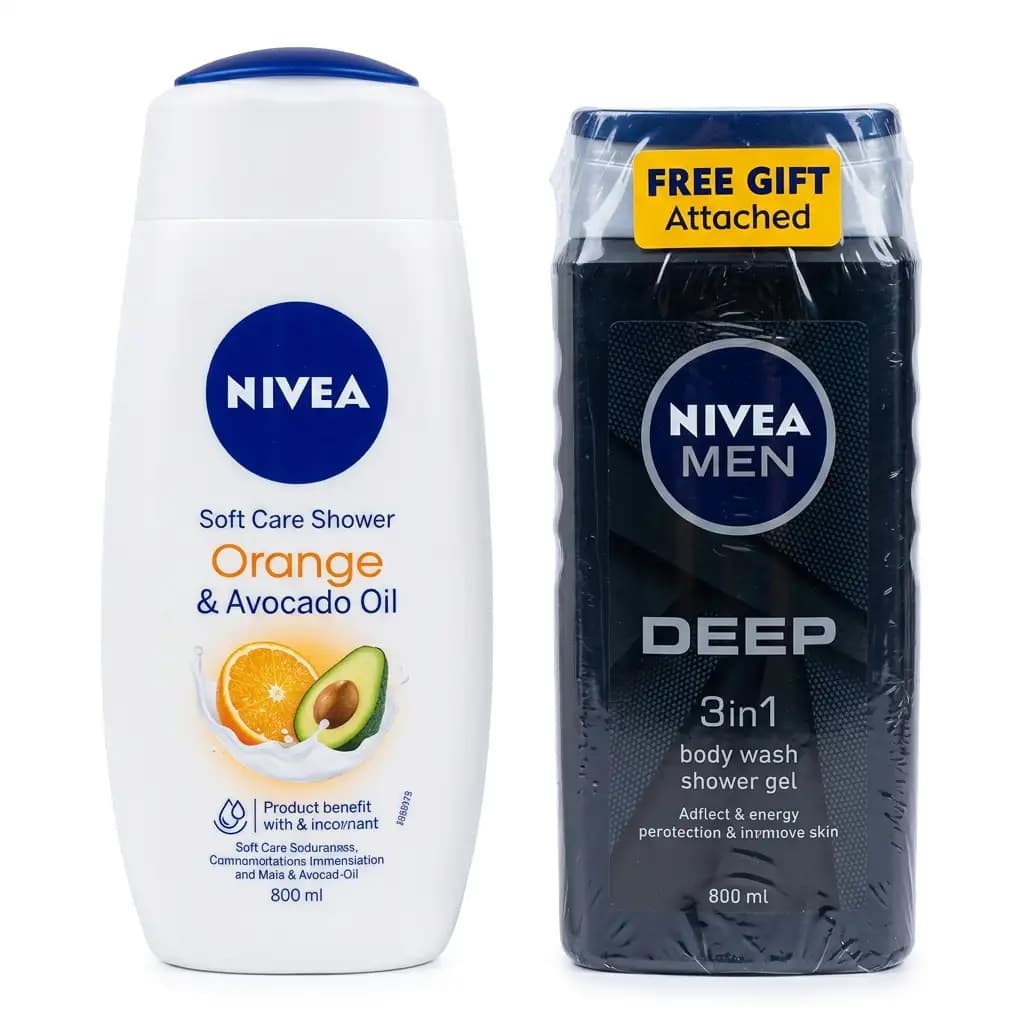 Nivea Soft Care Shower Orange & Avocado Oil + Nivea Men Deep Clean Maxx Tech 3in1 Body Face & Hair Gel 500ml