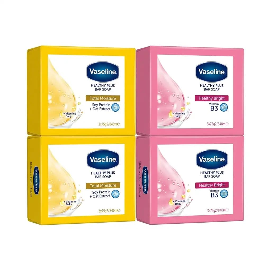 Vaseline Healthy Plus Bar Soap Total Moisture Soy Protein & Oat Extract + Healthy Bright B3 5x75g