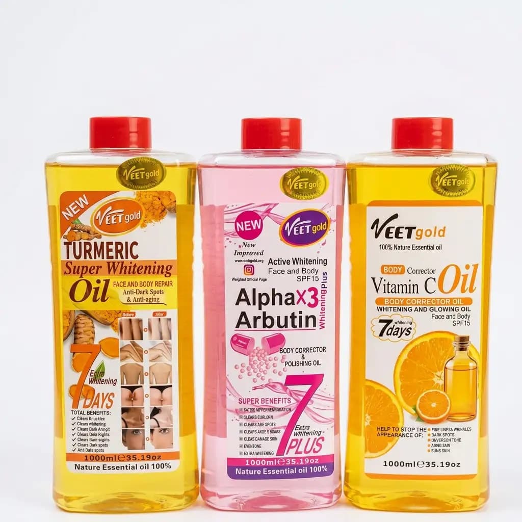 VEETgold Turmeric Super Whitening Oil Body Repair 7 Days 1000ml + VEETgold Active Whitening Alpha x3 Arbutin Body Corrector & Polishing Oil SPF15 1000ml + VEETgold Body Corrector Vitamin C Oil Whitening and Glowing Oil 7 Days SPF15 1000ml