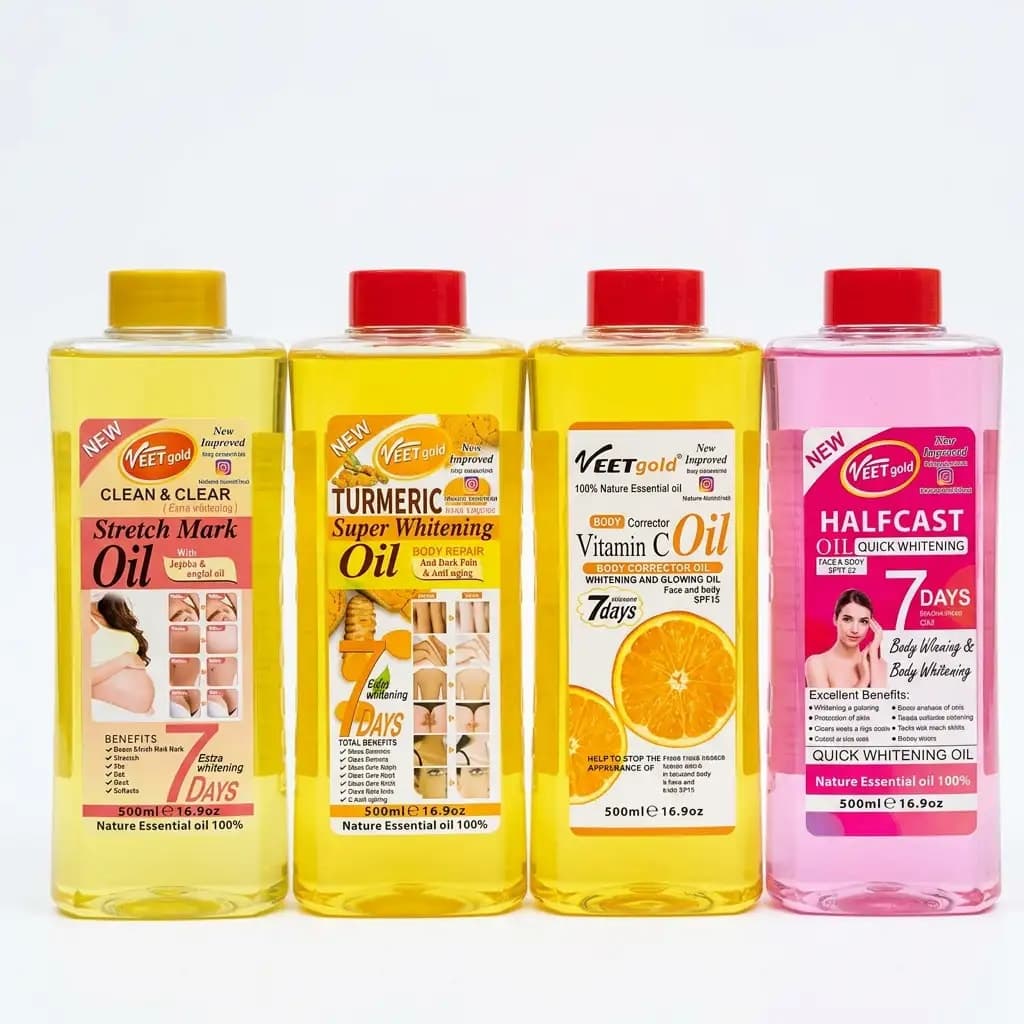 VEETgold Clean & Clear Stretch Mark Oil 7 Days 500ml + VEETgold Turmeric Super Whitening Oil 500ml + VEETgold Body Corrector Vitamin C Oil 500ml + VEETgold Halfcast Oil Quick Whitening 7 Days Face & Body SPF25 500ml