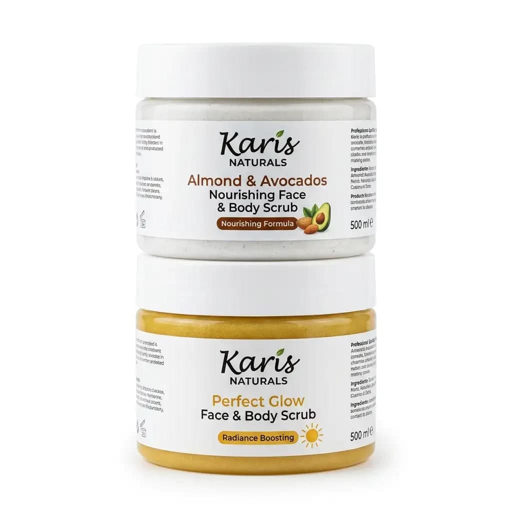 Karis Naturals Honey & Almonds Nourishing Face & Body Scrub 600ml + Karis Naturals Golden Perfect Glow Face & Body Scrub