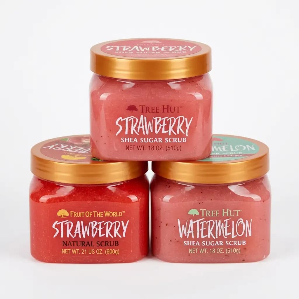 Tree Hut Strawberry Shea Sugar Scrub 510g + Tree Hut Watermelon Shea Sugar Scrub 510g + Fruit of the Wokali Strawberry Natural Sherbet Scrub 600g