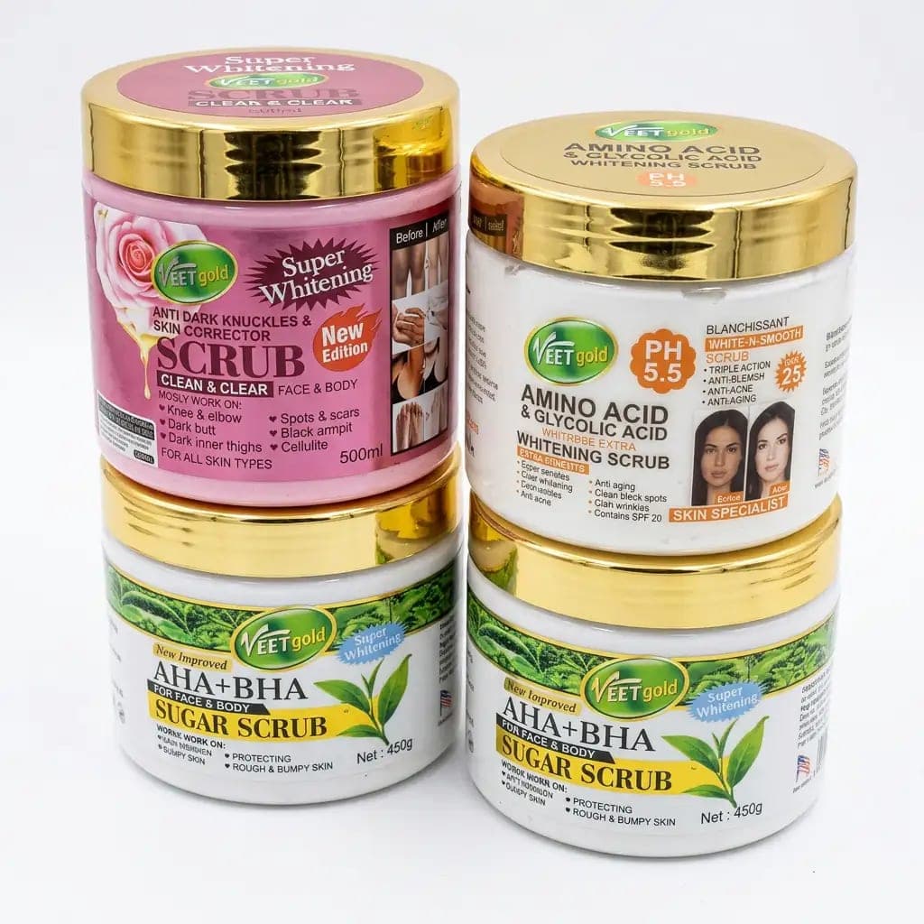 VEETgold Super Whitening Anti Dark Knuckles & Skin Corrector Scrub Clean & Clear 500ml + VEETgold PH 5.5 Amino Acid & Glycolic Acid X3 Triple Extra Whitening Scrub SPF25 + VEETgold AHA + BHA For Face & Body Sugar Scrub 450g 500g