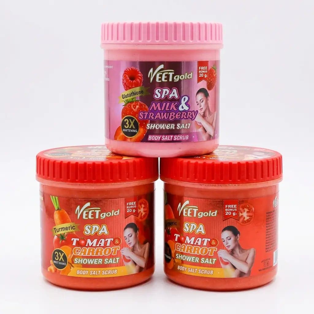 VEETgold SPA Glutathione Milk & Strawberry Shower Salt Body Salt Scrub 3X Whitening + VEETgold SPA Tomato Carrot Shower Salt Body Salt Scrub 3 in 1 Tomato Carrot Turmeric 500g