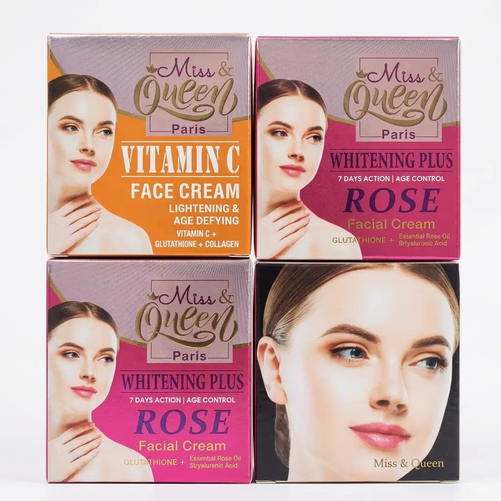 Miss & Queen Paris Vitamin C Lightening Face Cream + Rose Whitening Plus Facial Cream Glutathione & Hyaluronic Acid 50g