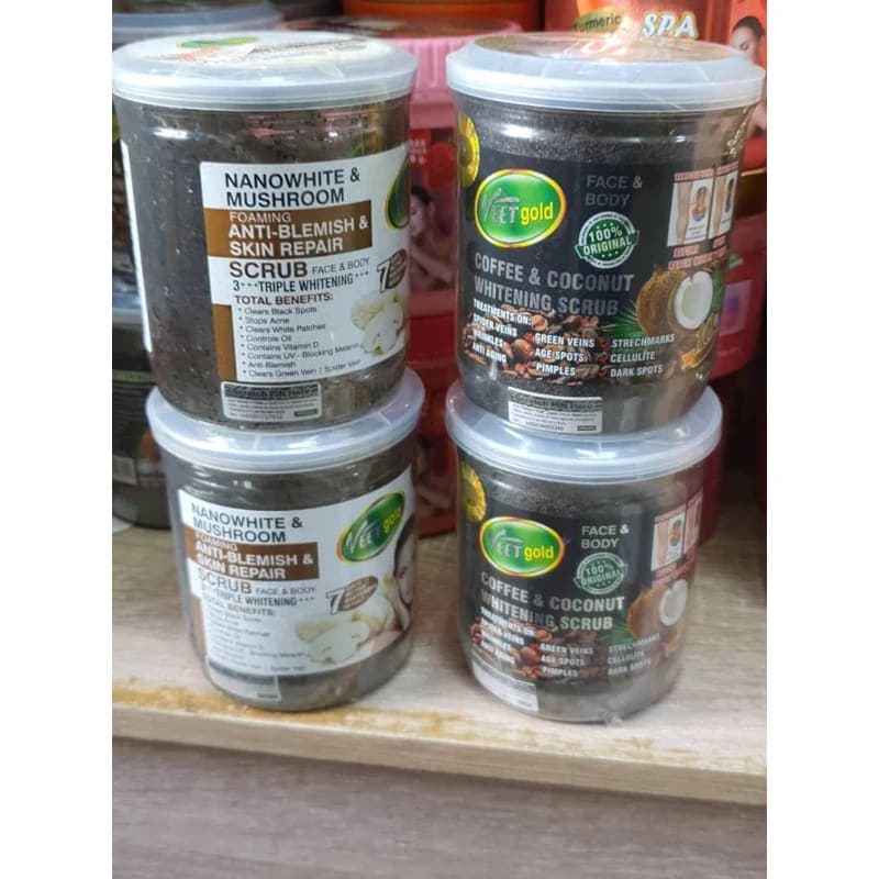 Nanowhite & Mushroom Anti-Blemish Skin Repair Scrub & Veet Gold Coffee & Coconut Whitening Scrub Face & Body 500g